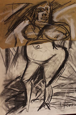SIGNED CHARCOAL WOMAN SERIES PORTRAIT PAINTING IN THE STYLE OF WILLEM DE KOONING