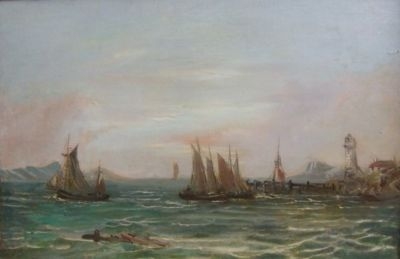 A QUALITY 19thc VICTORIAN HARBOUR SEASCAPE WITH SAILING BOATS OIL PAINTING C1890