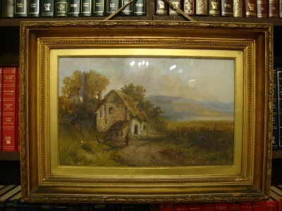 GENUINE 19THC ANTIQUE THATCHED COUNTRY COTTAGE LANDSCAPE OIL PAINTING C1892