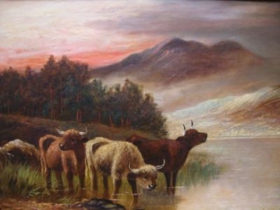 TRULY BEAUTIFUL SCOTTISH HIGHLAND CATTLE 19thC OIL PAINTING C1870