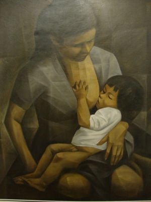 LARGE RARE SIGNED ORIENTAL PHILIPPINE OIL PORTRAIT PAINTING OF A MOTHER & CHILD