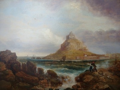 RARE PERIOD LANDSCAPE OIL PAINTING ON OAK PANEL OF HOLY ISLAND LINDISFARNE C1840