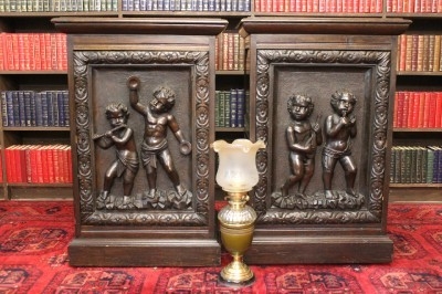 A PAIR LARGE ANTIQUE CARVED COUNTRY OAK PEDESTAL BEDSIDE / HALL CABINETS C1870