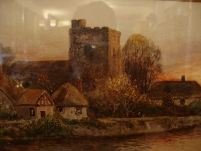 DELIGHTFUL ANTIQUE 1930'S FRAMED THATCHED COTTAGE - CHURCH RIVER SCENE PICTURE