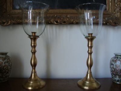 WONDERFUL TALL PAIR OF BRASS-GLASS MOULDED CANDLE HOLDERS