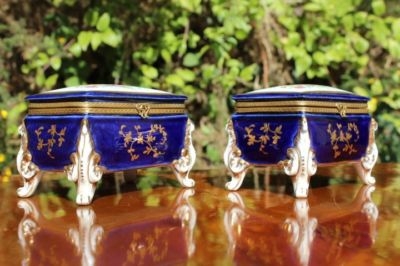 MAGNIFICENT PAIR 19thC HAND-PAINTED GILT PORCELAIN TRINKET JEWELLERY BOX'S