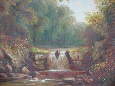 LOVELY 19THC ORIGINAL VICTORIAN WATERFALL LANDSCAPE OIL ON CANVAS PAINTING C1870
