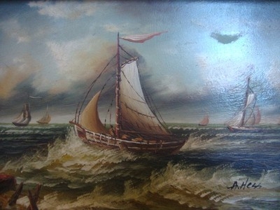 A BEAUTIFUL DECORATIVE SMALL FRAMED SIGNED ANTIQUE STYLE SEASCAPE OIL PAINTING