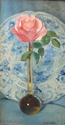 ORIGINAL TRADITIONAL STILL LIFE RED ROSE OIL ON BOARD PAINTING  SIGNED E.B. 1978