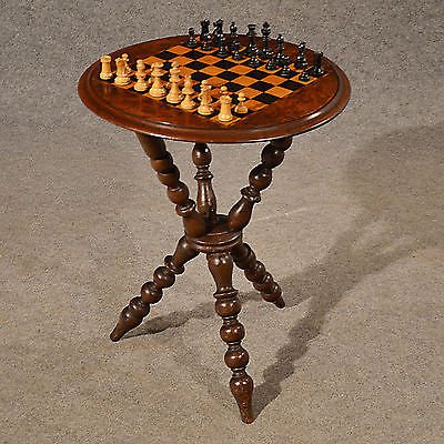 Antique Chess Table Games Gypsy Lamp Wine Burr Walnut English Victorian c1890
