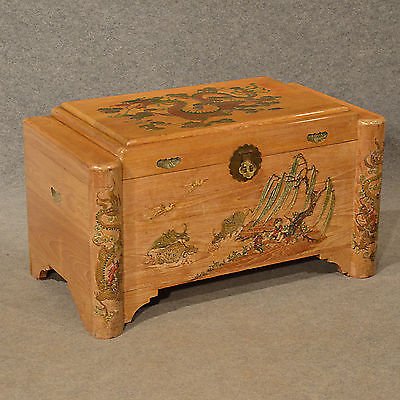 Antique Storage Chest Camphor Wood Trunk Blanket Box Oriental Art Deco c1940