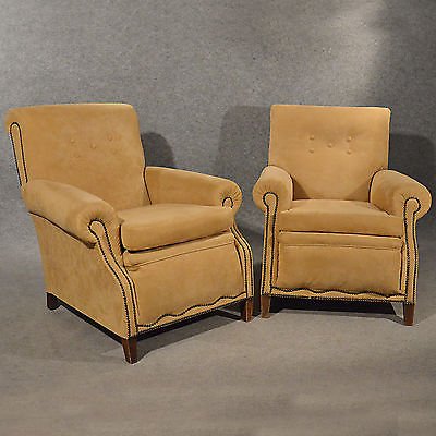 Antique Pair Armchairs Easy Club Chairs Faux Suede English Edwardian c1910