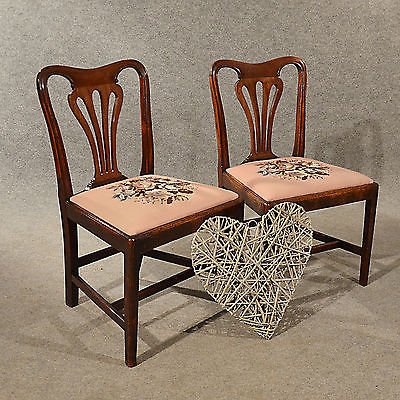 Antique Pair Dining Side Chairs Quality Needlepoint Mahogany Hepplewhite c1790