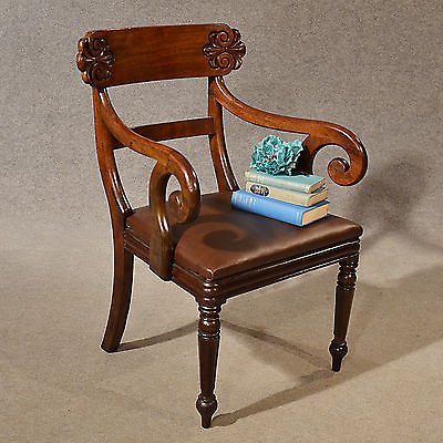 Antique Leather Study Desk Elbow Chair Large Wide Quality English Regency c1830