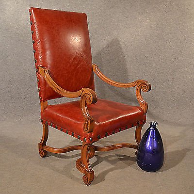 Antique Leather Throne Chair Large Walnut Frame Chair French 19th Century c1880