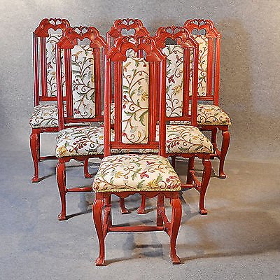 Antique Set Six 6 Continental Painted Kitchen Dining Chairs Needlepoint c1850