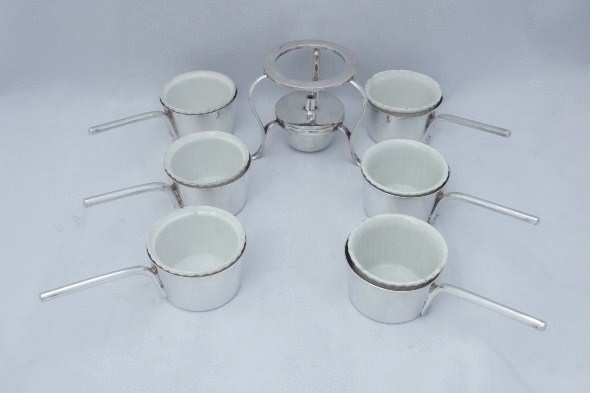 Rare Set of Antique Silver Plated Table-top Saucepans & Burner c1900