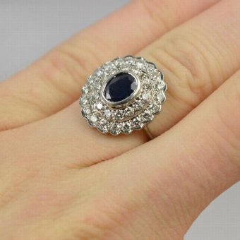 Antique Beautiful Art Deco Large 18ct White Gold Sapphire & 1ct Diamond Cluster Ring