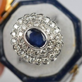 Antique Beautiful Art Deco Large 18ct White Gold Sapphire & 1ct Diamond Cluster Ring