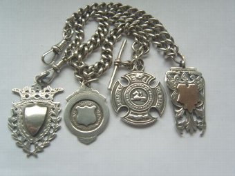 Superb Antique Hallmarked Silver Double Albert Chain With 4 Fobs 82g.