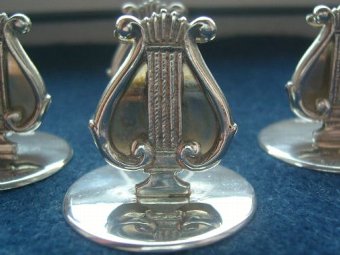 Antique Rare Set of Four Silver Menu Holders With Harp Design