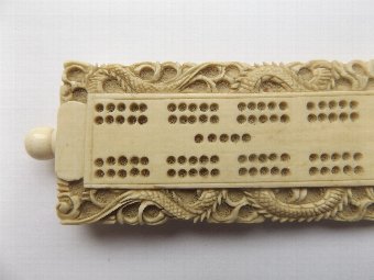 Antique Stunning Chinese Ivory Cribbage Board Decorated With Dragons.