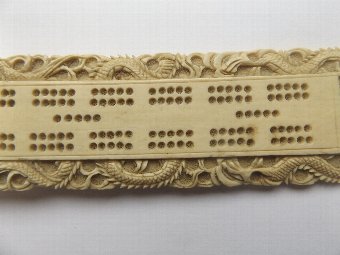 Antique Stunning Chinese Ivory Cribbage Board Decorated With Dragons.
