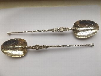 Super Large Pair Of Silver Anointing Spoons Birmingham 1910