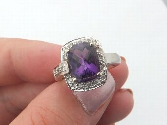 Fine amethyst and diamond art deco 18ct white gold cluster ring
