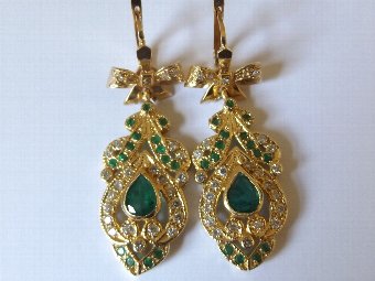 Exceptional Pair of Art Deco 18ct Gold Emerald & Diamond Drop Earrings