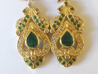 Antique Exceptional Pair of Art Deco 18ct Gold Emerald & Diamond Drop Earrings
