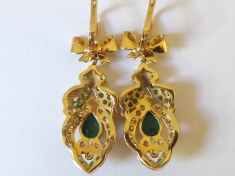 Antique Exceptional Pair of Art Deco 18ct Gold Emerald & Diamond Drop Earrings