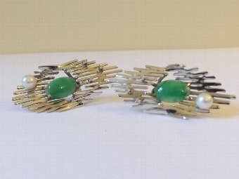 Superb Pair of 18ct White Gold, Jade, Diamond and Cultured Pearl Earrings