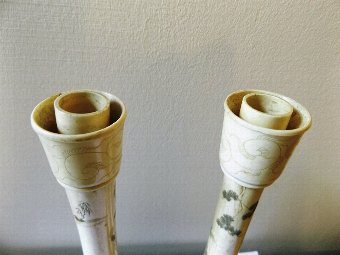 Antique A pair of Meji late 19th century Japanese ivory candlesticks, 25cm high