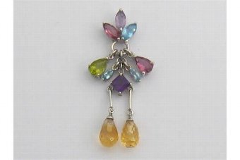 Stunning Art Deco 18ct White Gold Multi Gem Pendant Suffragette