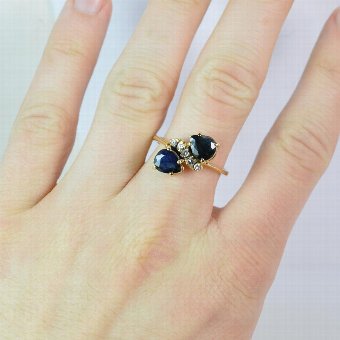 Antique Art Deco Pear Cut Double Sapphire and Diamond Ladies 18ct Gold Cluster Ring
