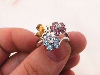 Art Deco 18ct white gold Diamond, Amethyst, Citrine & blue Topaz flower ring