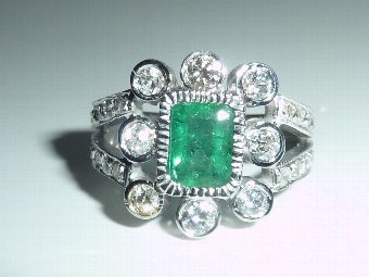 Stunning Art Deco Bespoke 18ct White Gold 1.2ct Emerald & 1.2ct Diamond Ring