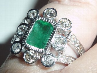 Antique Stunning Art Deco Bespoke 18ct White Gold 1.2ct Emerald & 1.2ct Diamond Ring