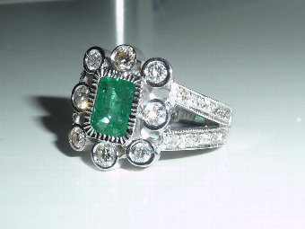 Antique Stunning Art Deco Bespoke 18ct White Gold 1.2ct Emerald & 1.2ct Diamond Ring