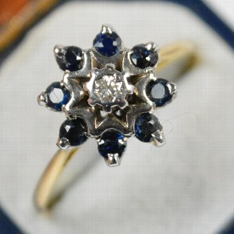 Antique Art Deco 18ct Gold Sapphire & Diamond Cluster Ring