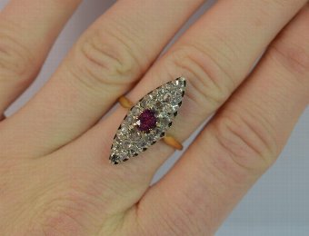 Antique Victorian 18ct Gold Ruby and 0.75ct Rose Cut Diamond Marquise Cluster Ring