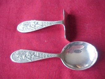 Antique LOVELY GLASGOW 1930 SOLID SILVER CHRISTENING SET TOM THE PIPERS SON 