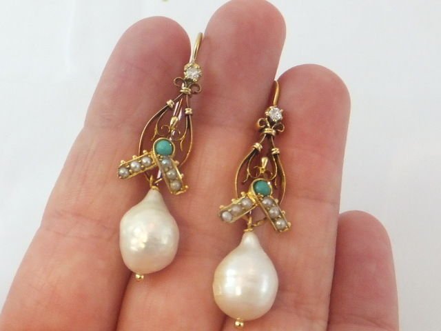 Antique Beautiful Victorian Pair Of Baroque &Seed Pearl, Turquoise and Diamond Earrings