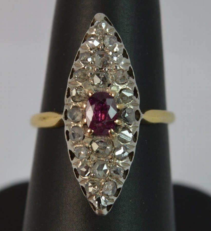 Antique Victorian 18ct Gold Ruby and 0.75ct Rose Cut Diamond Marquise Cluster Ring