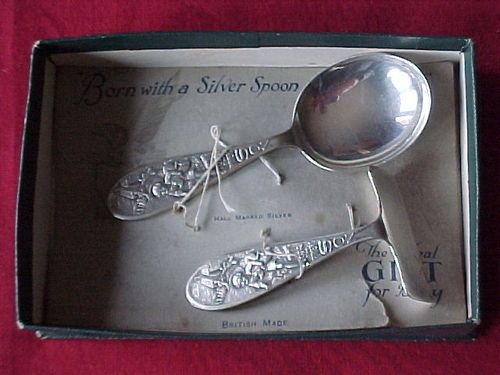 Antique LOVELY GLASGOW 1930 SOLID SILVER CHRISTENING SET TOM THE PIPERS SON 