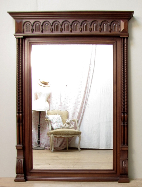 LARGE ANTIQUE FRENCH CARVED WALNUT COLUMN MIRROR -C1900