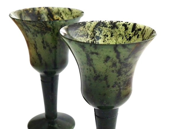 Rare Chinese spinach antique jade goblets - pair - late 1800s 