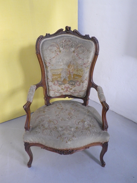 Late 19thC rococo chair, with original tapestry cover, flower carving detail 