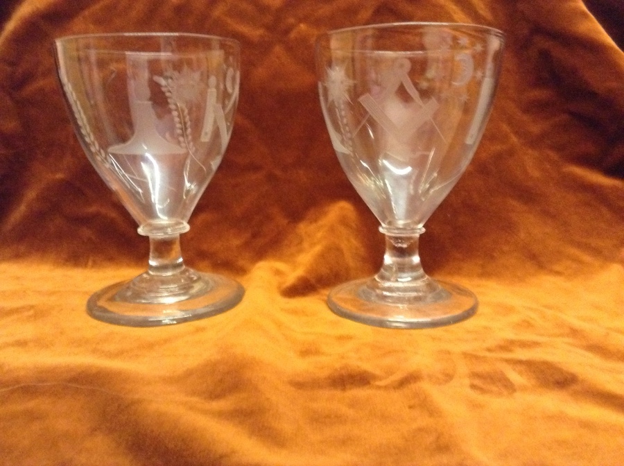 Pair Rummer glasses etched with Masonic symbols 